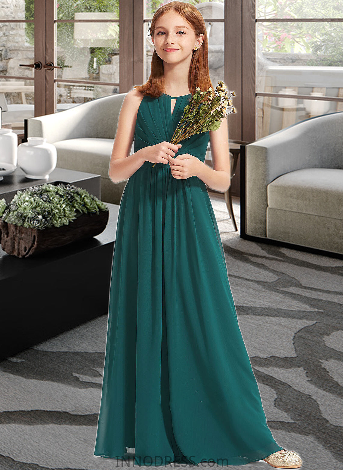 Karen A-Line Scoop Neck Floor-Length Chiffon Junior Bridesmaid Dress With Ruffle DPP0013320