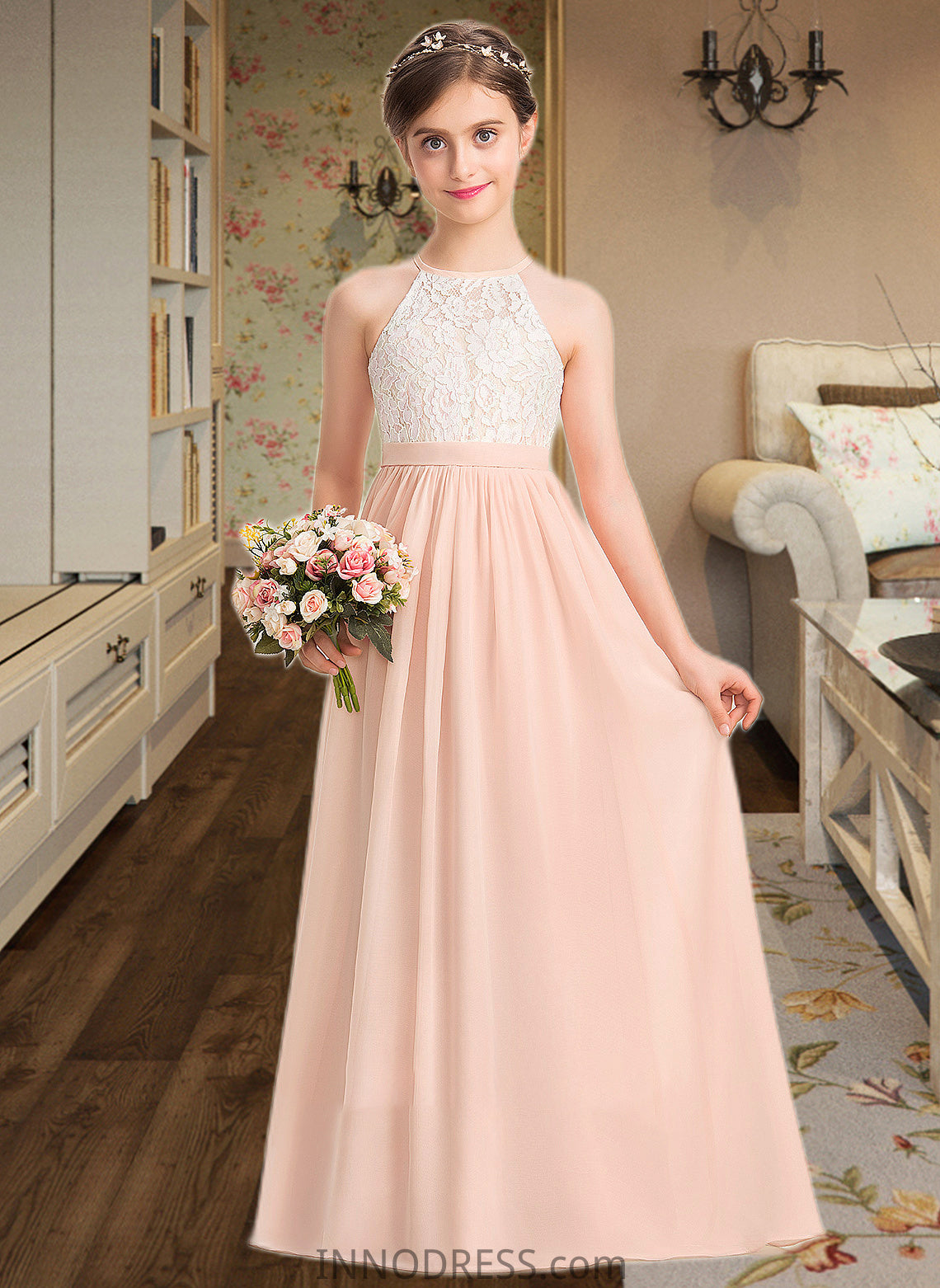 Leyla A-Line Scoop Neck Floor-Length Chiffon Lace Junior Bridesmaid Dress DPP0013321