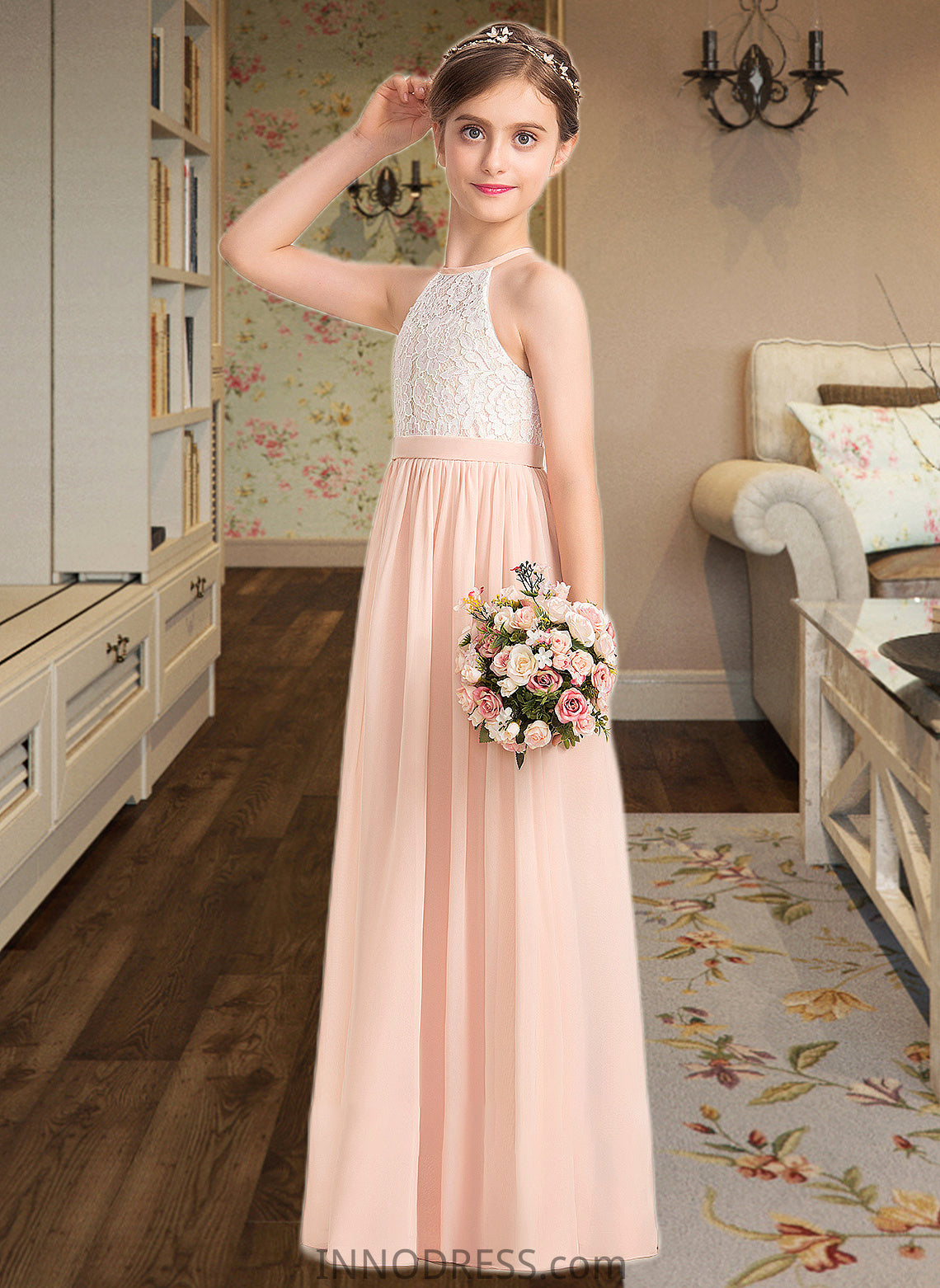 Leyla A-Line Scoop Neck Floor-Length Chiffon Lace Junior Bridesmaid Dress DPP0013321