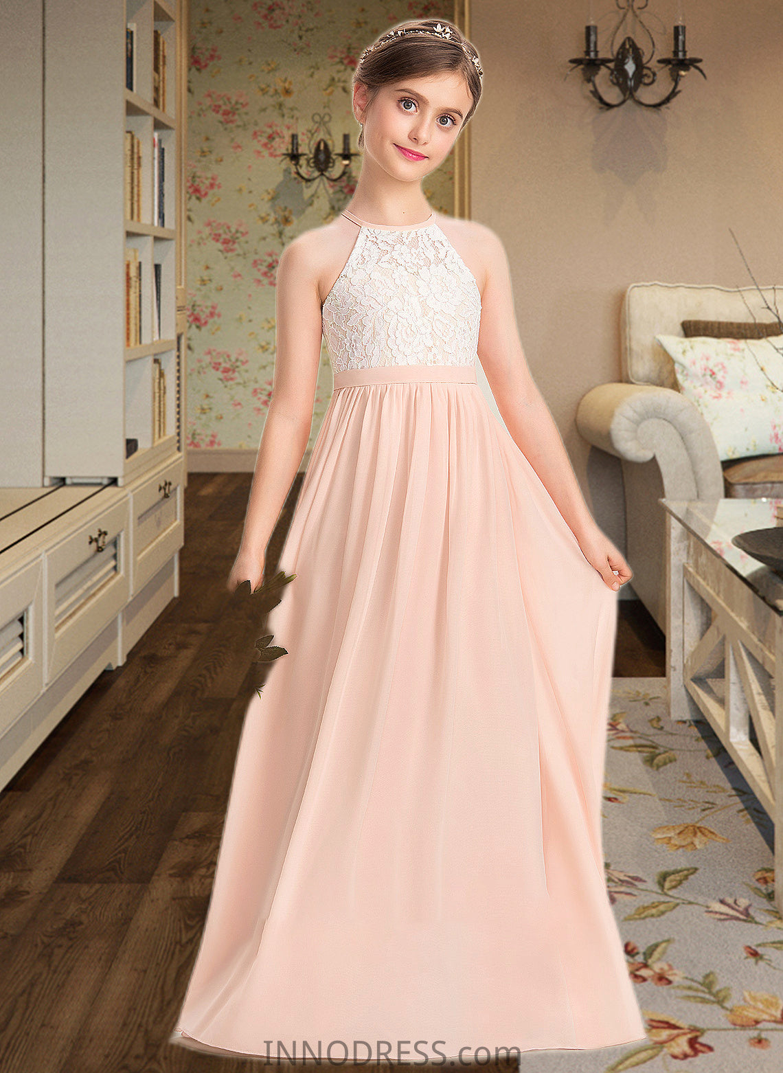 Leyla A-Line Scoop Neck Floor-Length Chiffon Lace Junior Bridesmaid Dress DPP0013321