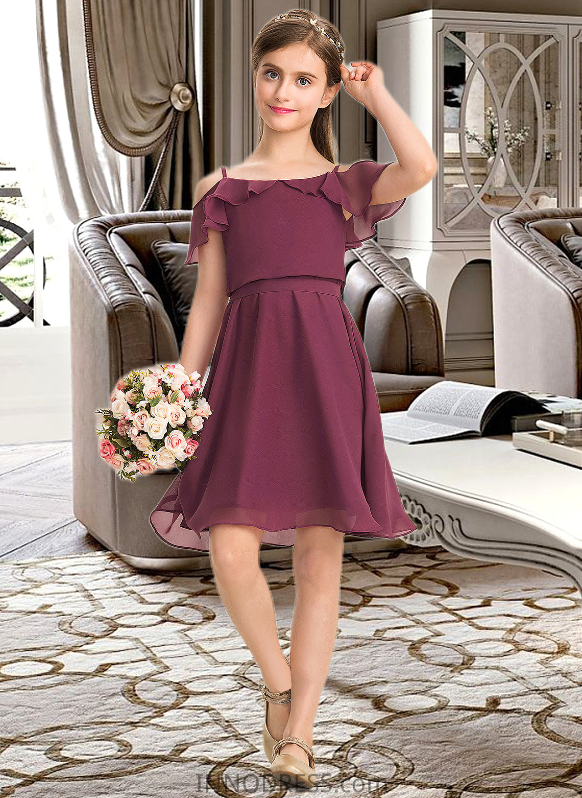 Sage A-Line Off-the-Shoulder Knee-Length Chiffon Junior Bridesmaid Dress With Bow(s) Cascading Ruffles DPP0013322