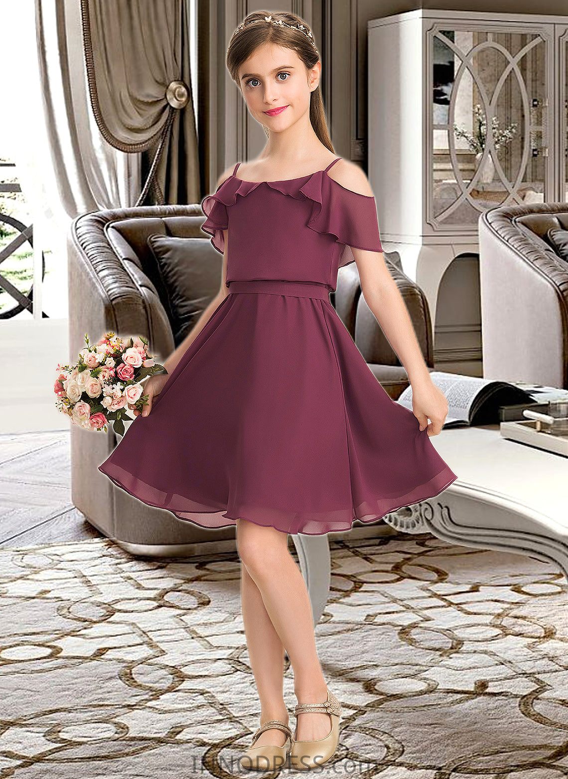 Sage A-Line Off-the-Shoulder Knee-Length Chiffon Junior Bridesmaid Dress With Bow(s) Cascading Ruffles DPP0013322