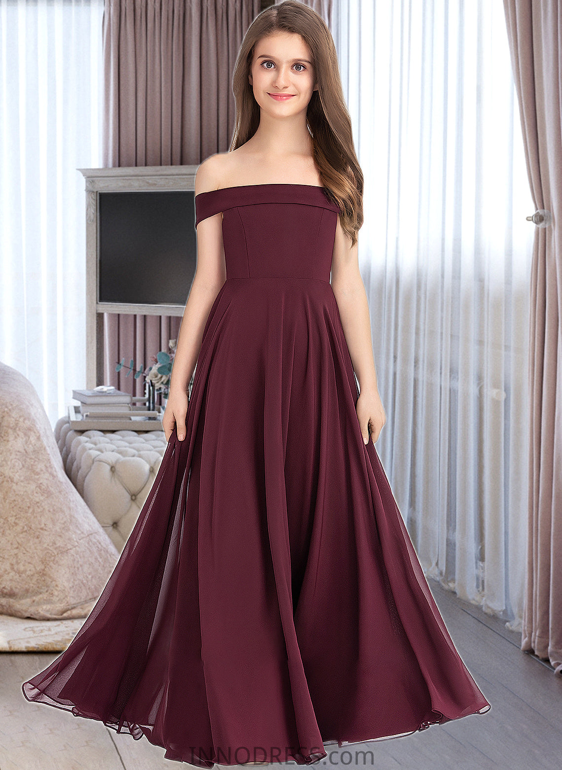 Adalyn A-Line Off-the-Shoulder Floor-Length Chiffon Junior Bridesmaid Dress DPP0013323