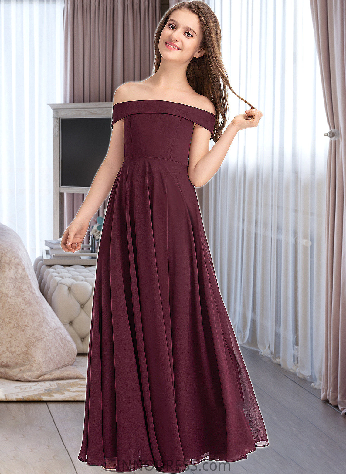 Adalyn A-Line Off-the-Shoulder Floor-Length Chiffon Junior Bridesmaid Dress DPP0013323