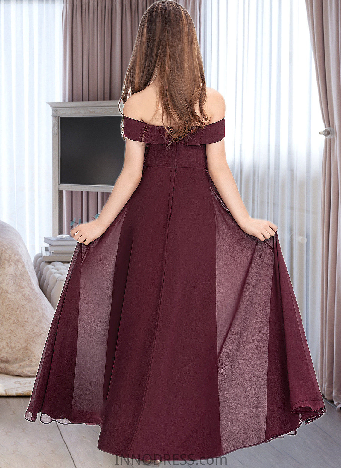 Adalyn A-Line Off-the-Shoulder Floor-Length Chiffon Junior Bridesmaid Dress DPP0013323