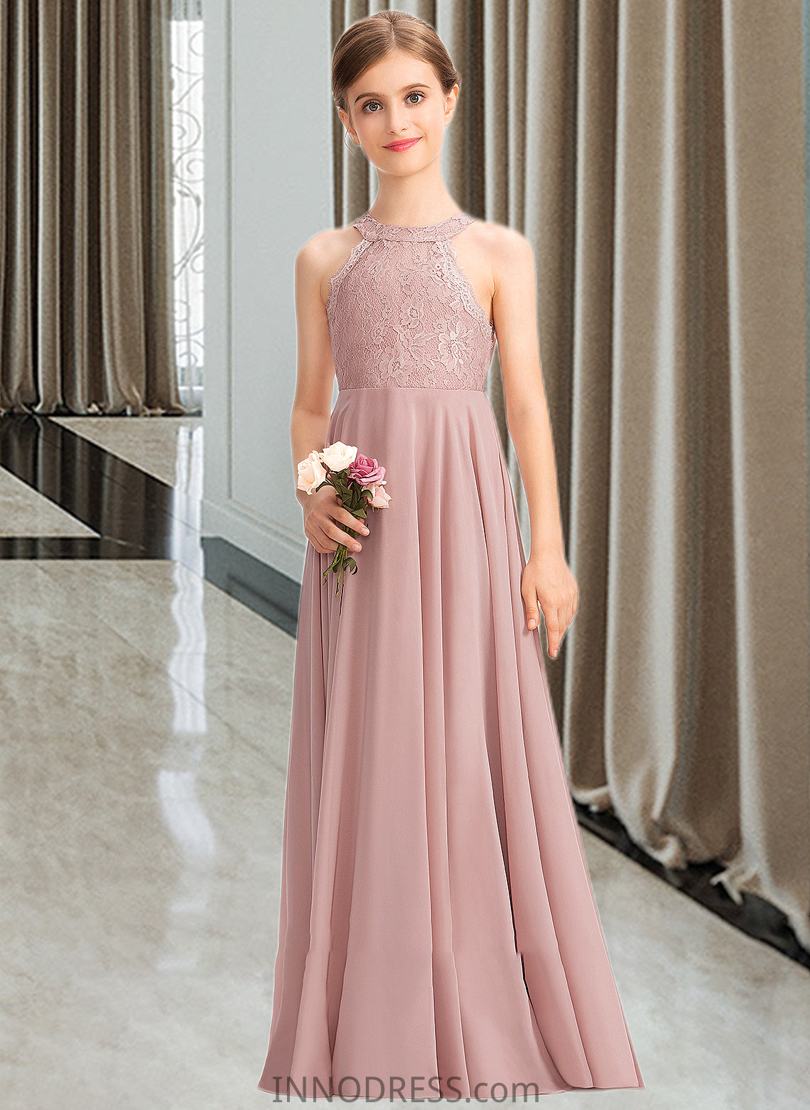 Cherish A-Line Scoop Neck Floor-Length Chiffon Lace Junior Bridesmaid Dress DPP0013324