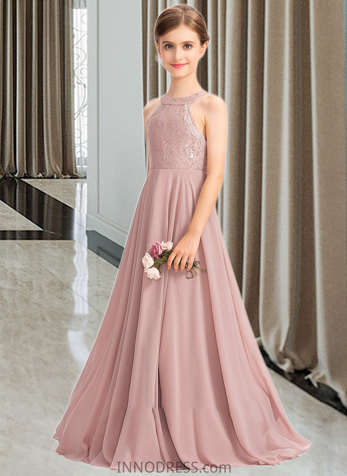 Cherish A-Line Scoop Neck Floor-Length Chiffon Lace Junior Bridesmaid Dress DPP0013324