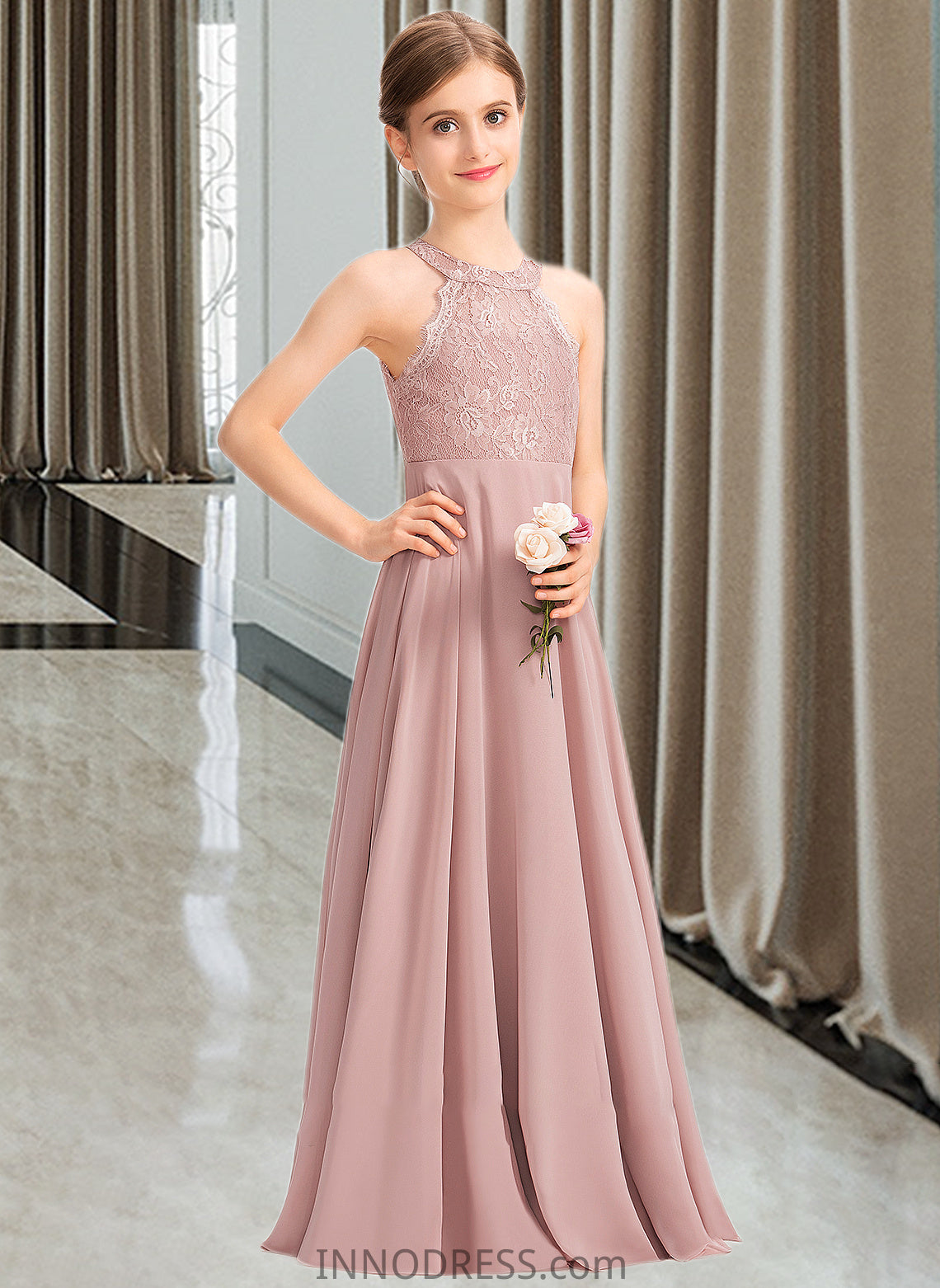 Cherish A-Line Scoop Neck Floor-Length Chiffon Lace Junior Bridesmaid Dress DPP0013324