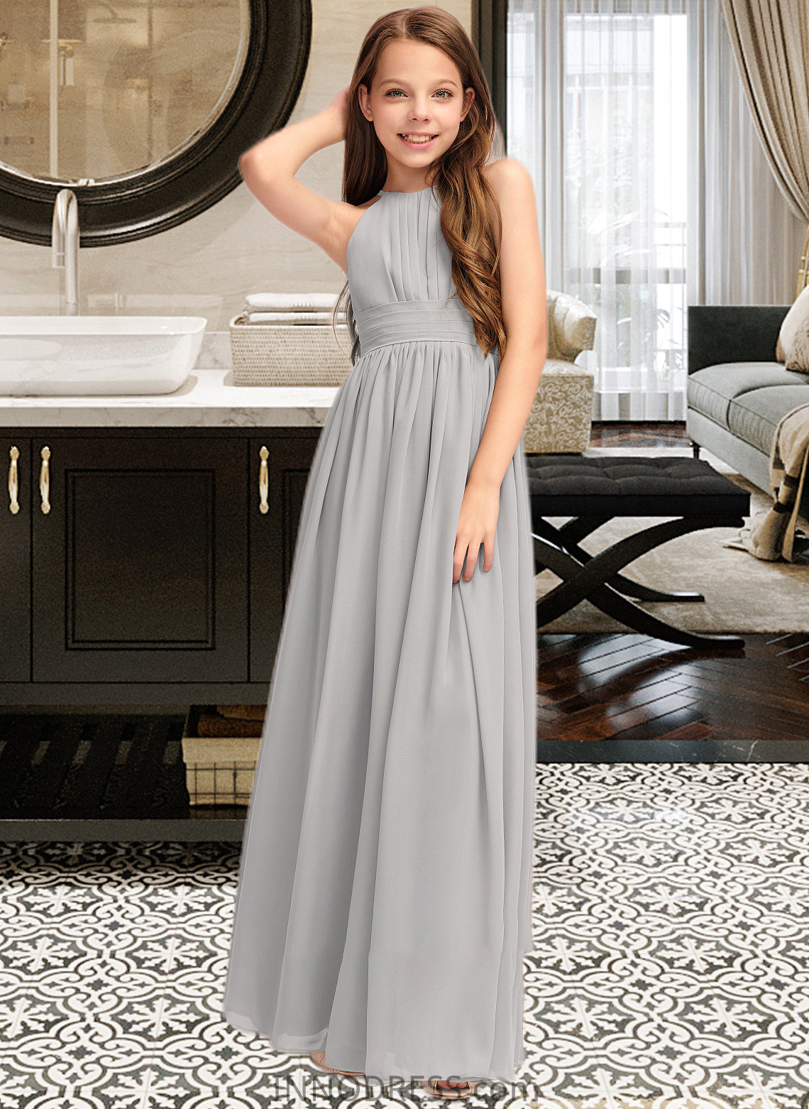 Amaya A-Line Scoop Neck Floor-Length Chiffon Junior Bridesmaid Dress With Ruffle DPP0013325