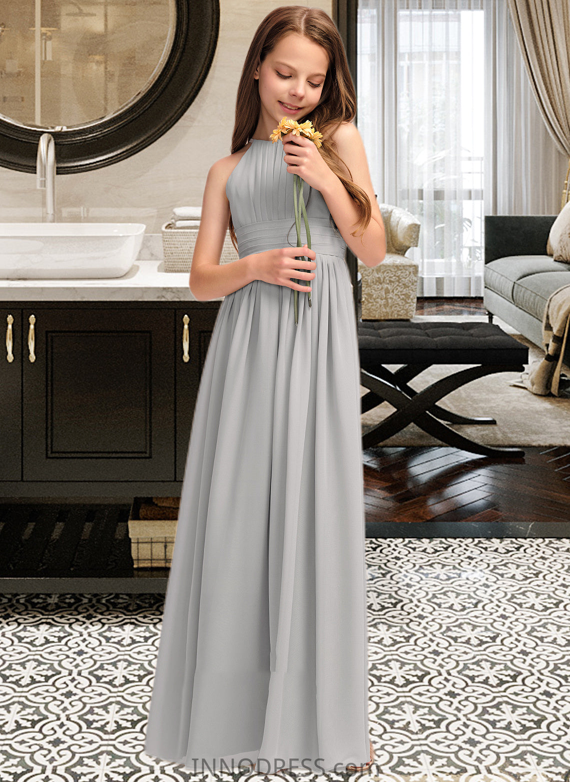 Amaya A-Line Scoop Neck Floor-Length Chiffon Junior Bridesmaid Dress With Ruffle DPP0013325