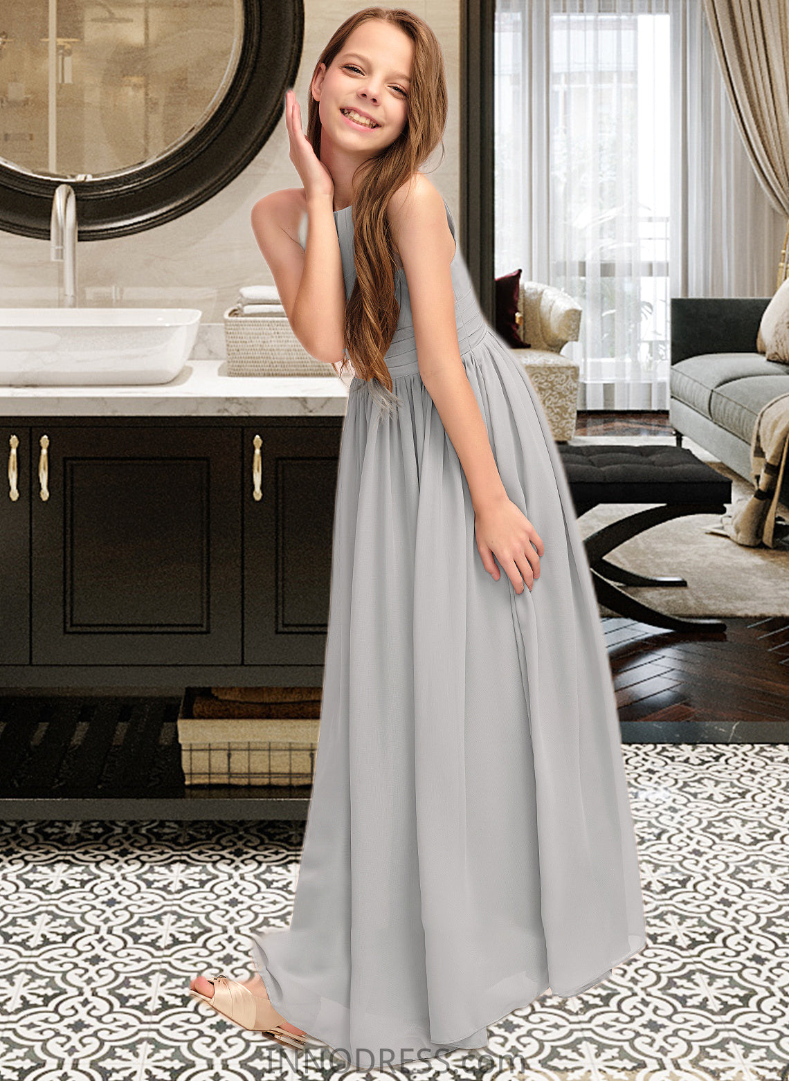 Amaya A-Line Scoop Neck Floor-Length Chiffon Junior Bridesmaid Dress With Ruffle DPP0013325