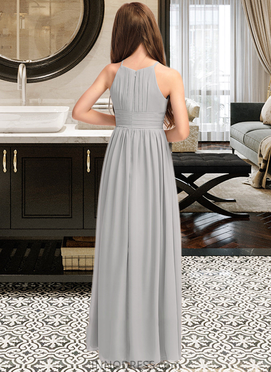 Amaya A-Line Scoop Neck Floor-Length Chiffon Junior Bridesmaid Dress With Ruffle DPP0013325