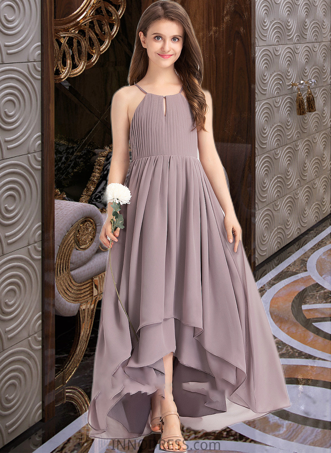 Wendy A-Line Scoop Neck Asymmetrical Chiffon Junior Bridesmaid Dress With Ruffle Bow(s) DPP0013326