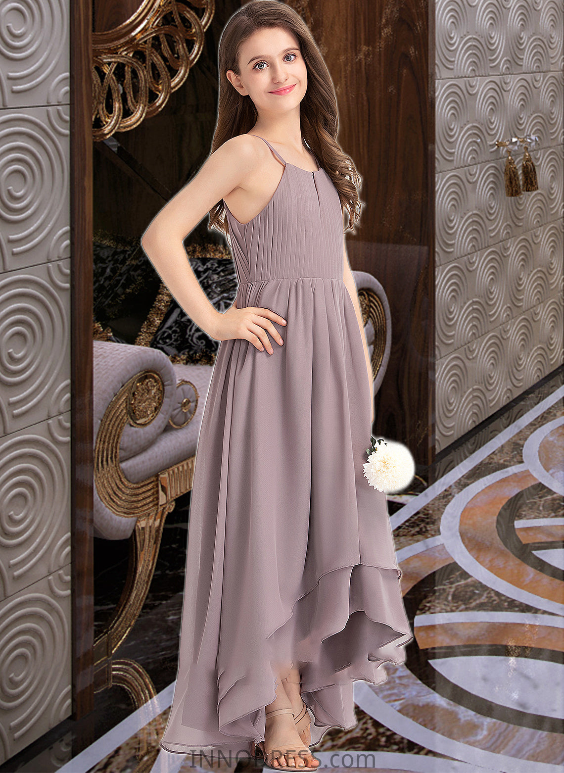 Wendy A-Line Scoop Neck Asymmetrical Chiffon Junior Bridesmaid Dress With Ruffle Bow(s) DPP0013326