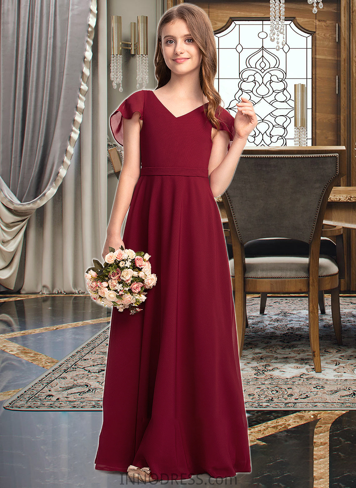 Lexie A-Line V-neck Floor-Length Chiffon Junior Bridesmaid Dress With Cascading Ruffles DPP0013327