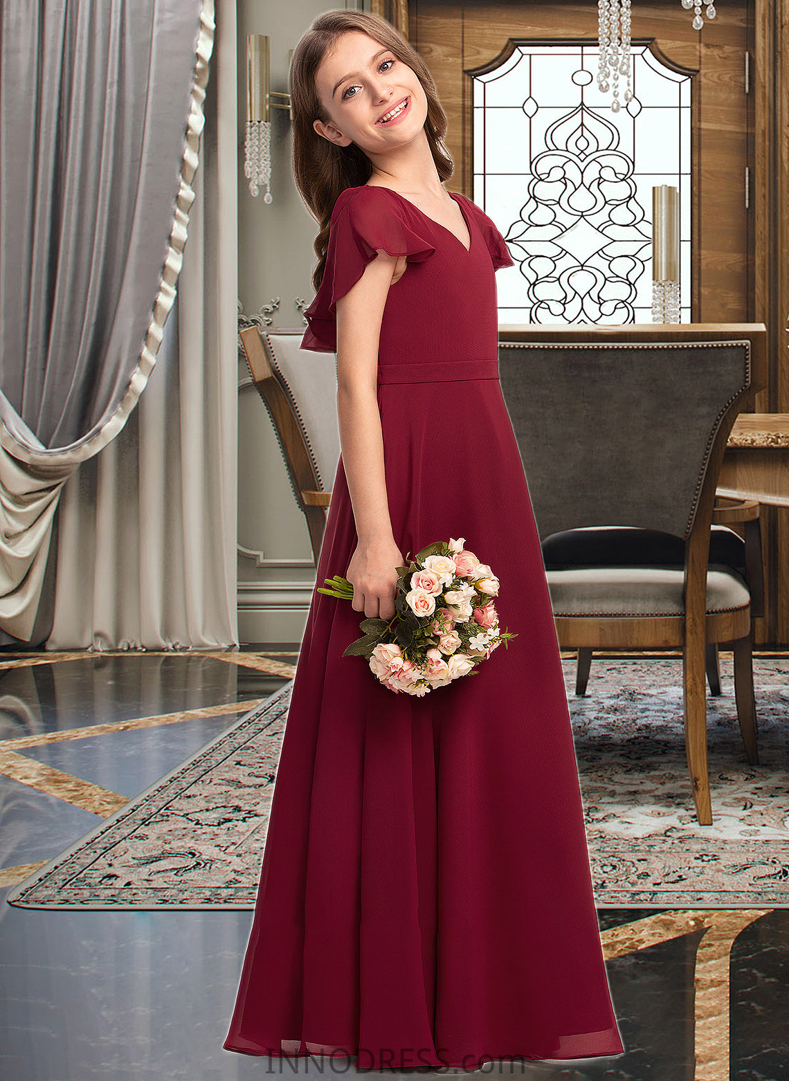 Lexie A-Line V-neck Floor-Length Chiffon Junior Bridesmaid Dress With Cascading Ruffles DPP0013327