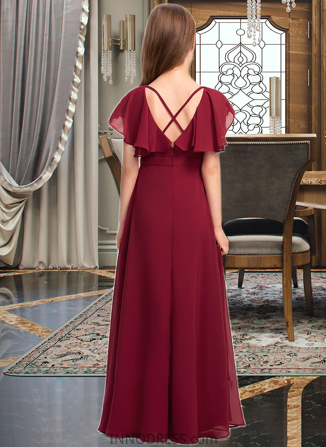 Lexie A-Line V-neck Floor-Length Chiffon Junior Bridesmaid Dress With Cascading Ruffles DPP0013327