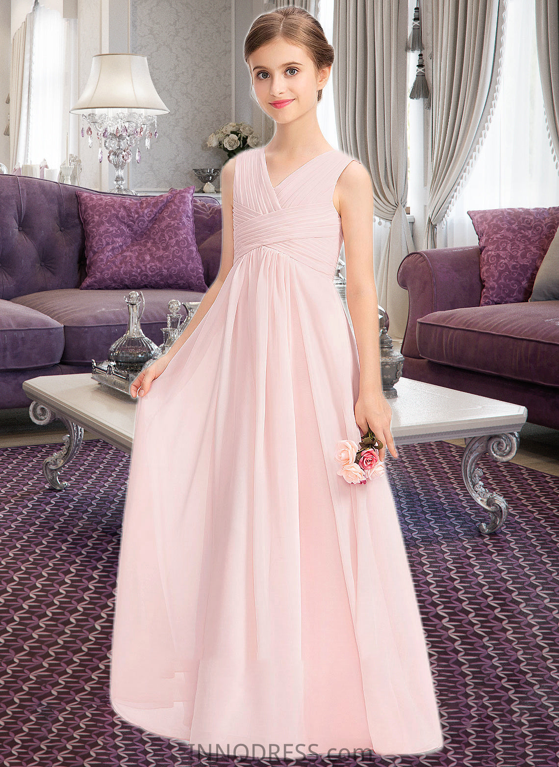 Penelope A-Line V-neck Floor-Length Chiffon Junior Bridesmaid Dress With Ruffle DPP0013328