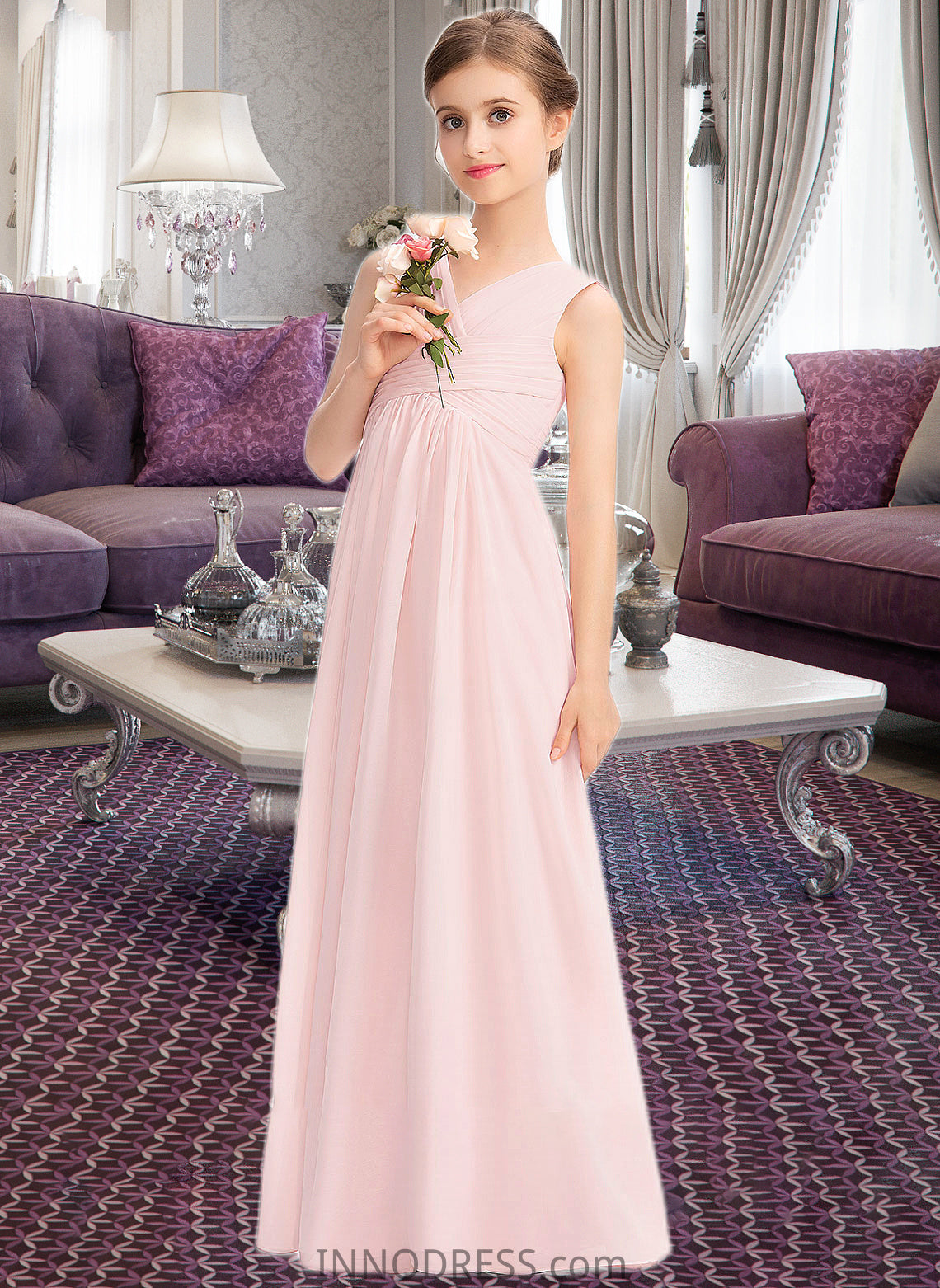 Penelope A-Line V-neck Floor-Length Chiffon Junior Bridesmaid Dress With Ruffle DPP0013328