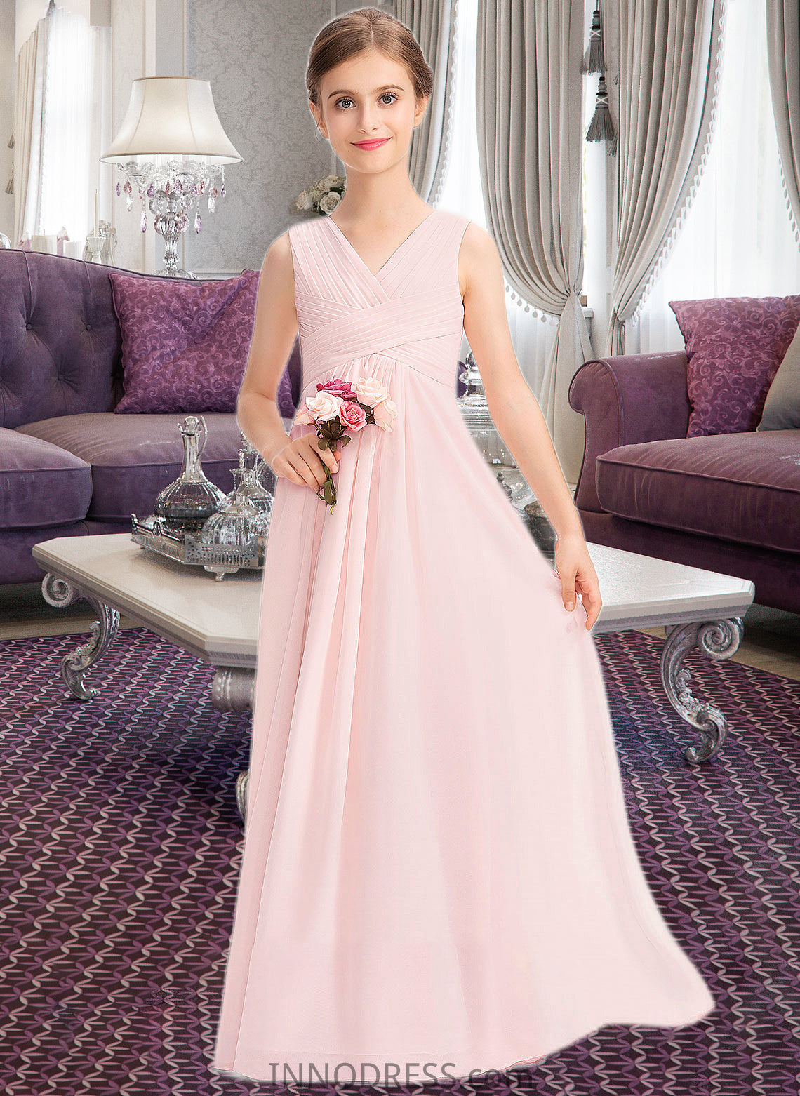 Penelope A-Line V-neck Floor-Length Chiffon Junior Bridesmaid Dress With Ruffle DPP0013328