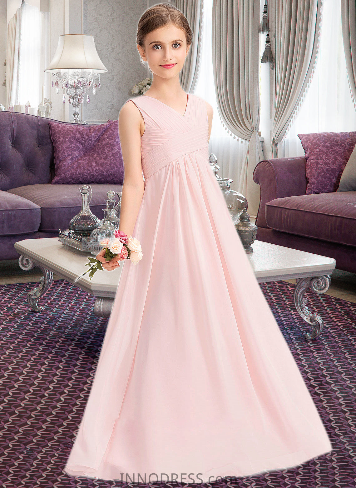 Penelope A-Line V-neck Floor-Length Chiffon Junior Bridesmaid Dress With Ruffle DPP0013328