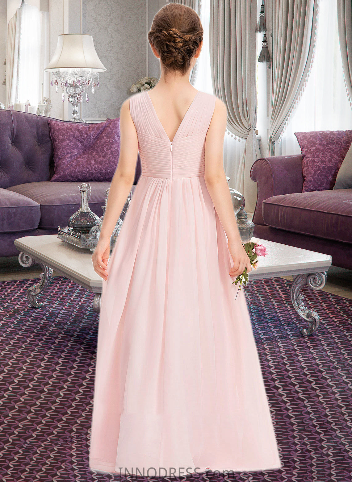 Penelope A-Line V-neck Floor-Length Chiffon Junior Bridesmaid Dress With Ruffle DPP0013328