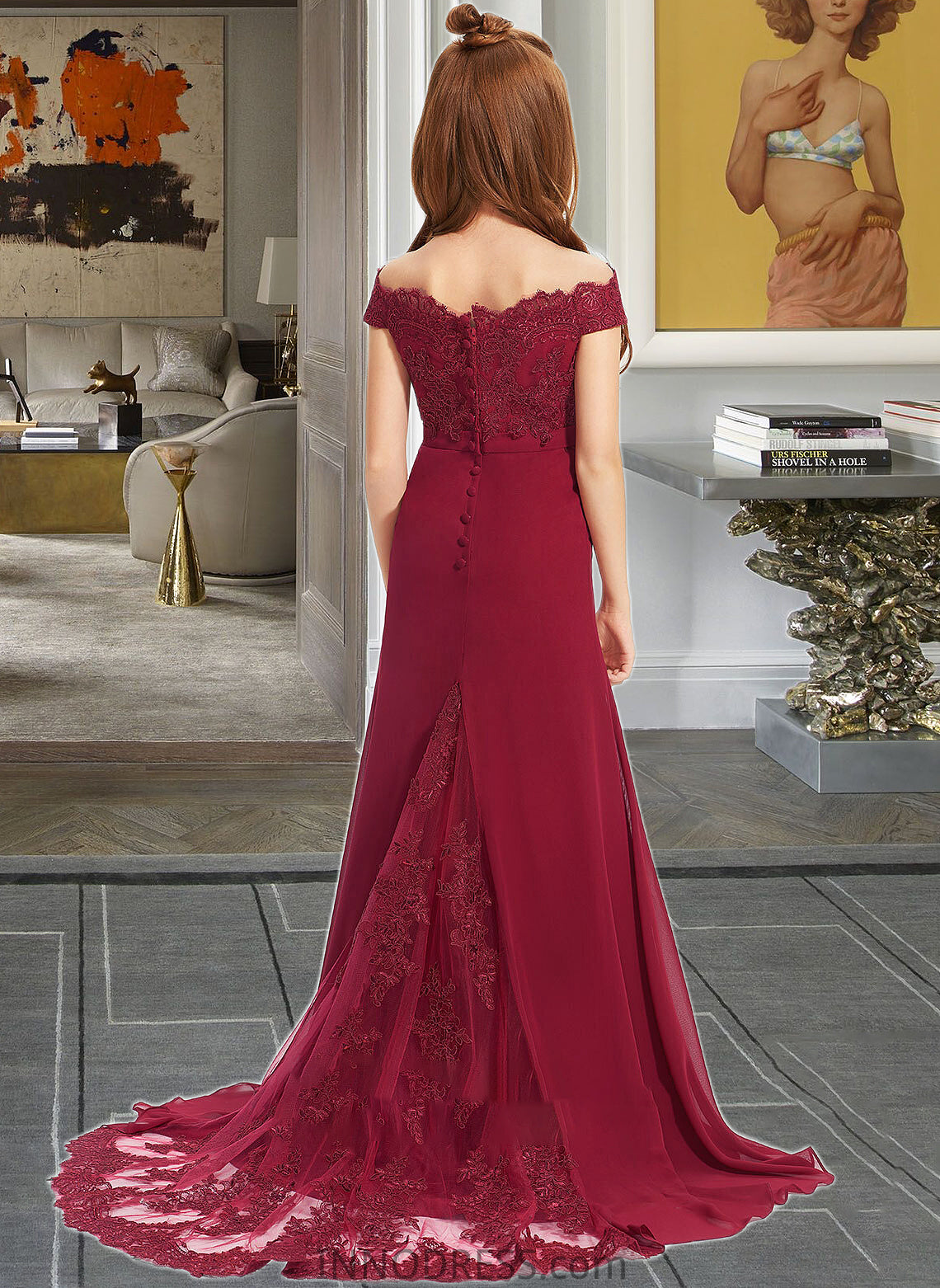 Janiya Trumpet/Mermaid Off-the-Shoulder Court Train Chiffon Lace Junior Bridesmaid Dress DPP0013330