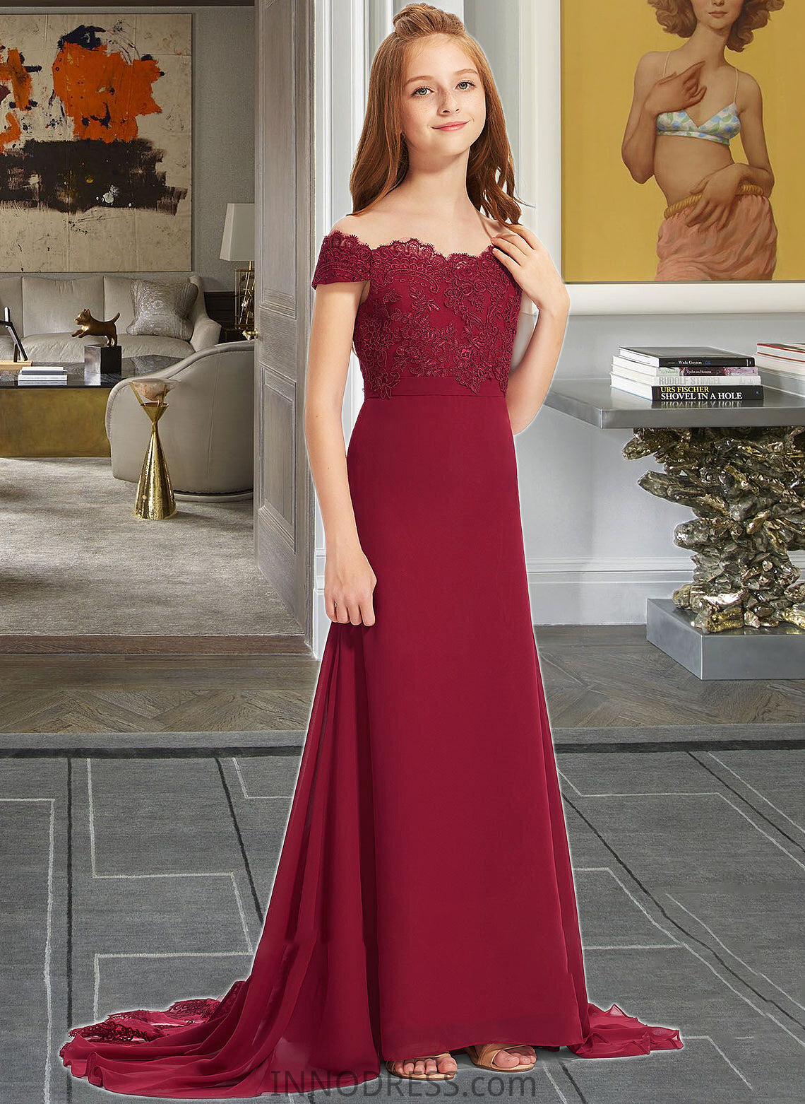 Janiya Trumpet/Mermaid Off-the-Shoulder Court Train Chiffon Lace Junior Bridesmaid Dress DPP0013330