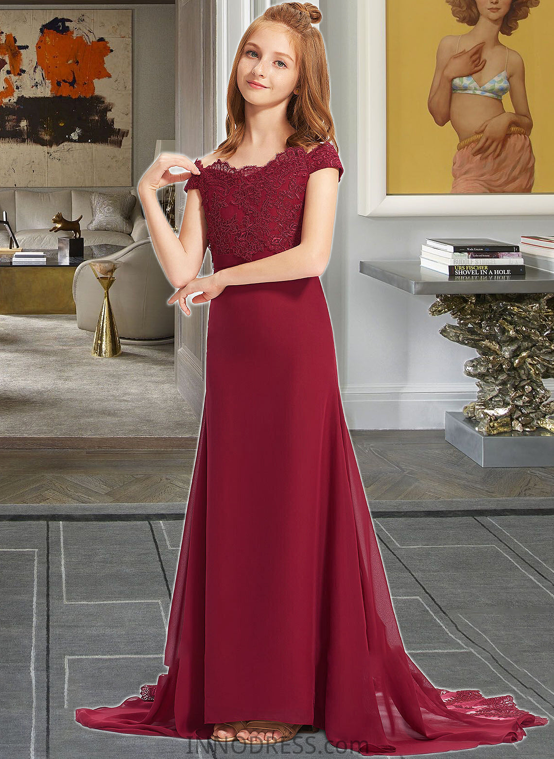 Janiya Trumpet/Mermaid Off-the-Shoulder Court Train Chiffon Lace Junior Bridesmaid Dress DPP0013330