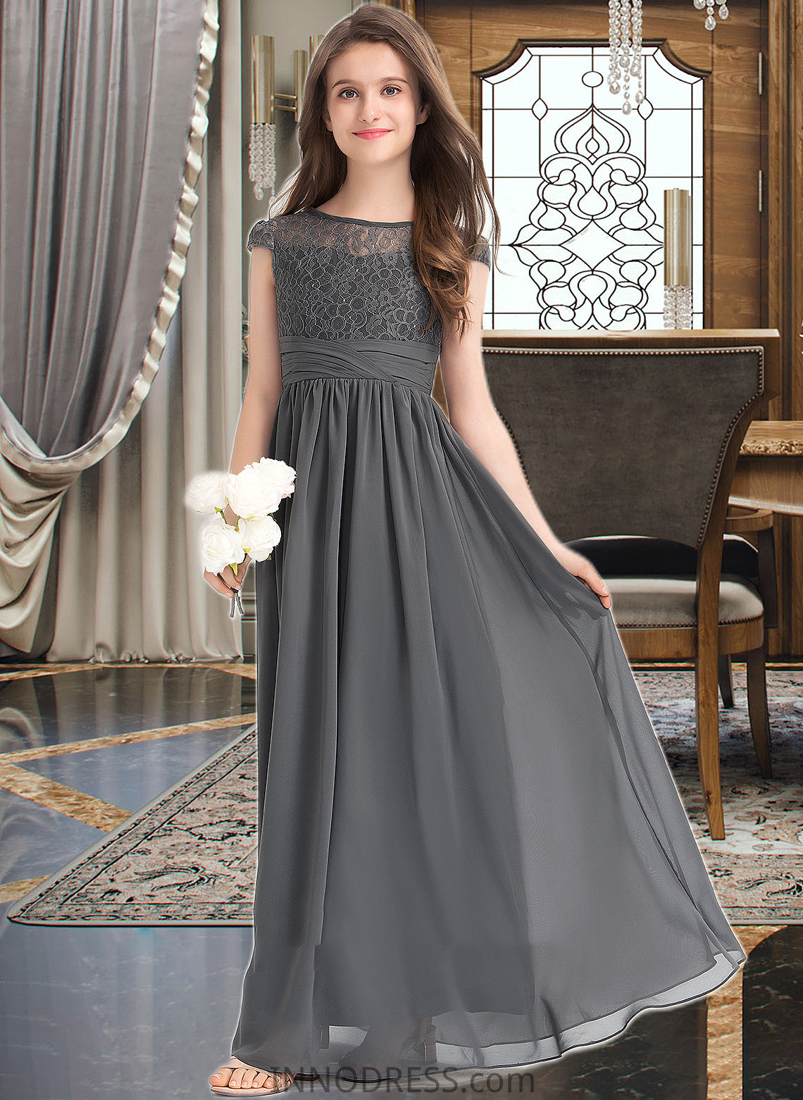 Aliana A-Line Scoop Neck Floor-Length Chiffon Lace Junior Bridesmaid Dress With Ruffle DPP0013331