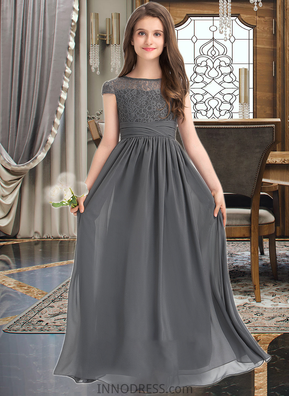 Aliana A-Line Scoop Neck Floor-Length Chiffon Lace Junior Bridesmaid Dress With Ruffle DPP0013331