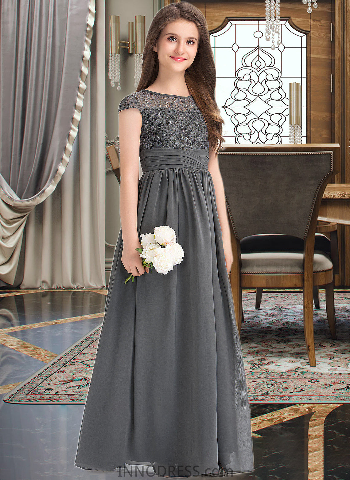 Aliana A-Line Scoop Neck Floor-Length Chiffon Lace Junior Bridesmaid Dress With Ruffle DPP0013331