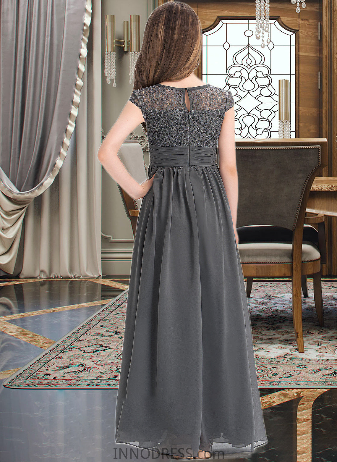 Aliana A-Line Scoop Neck Floor-Length Chiffon Lace Junior Bridesmaid Dress With Ruffle DPP0013331