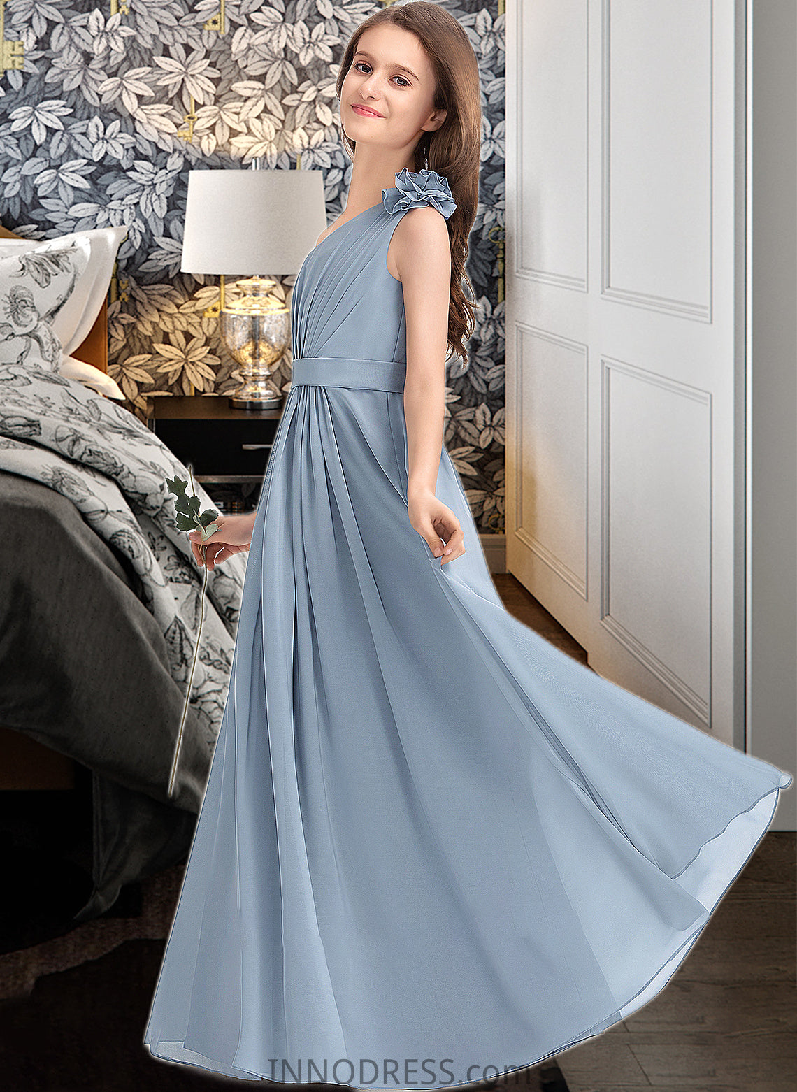 Iliana A-Line One-Shoulder Floor-Length Chiffon Junior Bridesmaid Dress With Ruffle Flower(s) DPP0013332