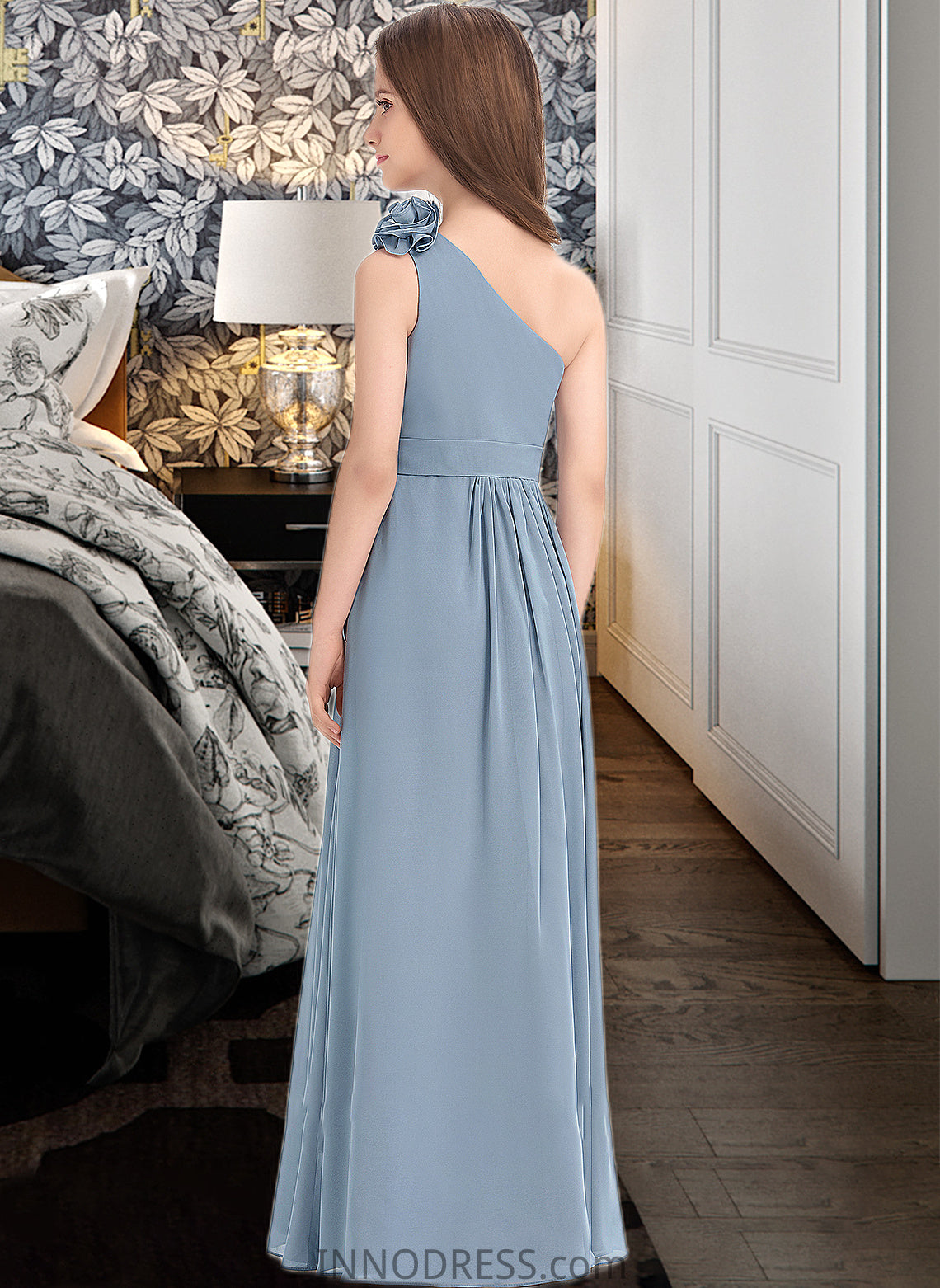 Iliana A-Line One-Shoulder Floor-Length Chiffon Junior Bridesmaid Dress With Ruffle Flower(s) DPP0013332