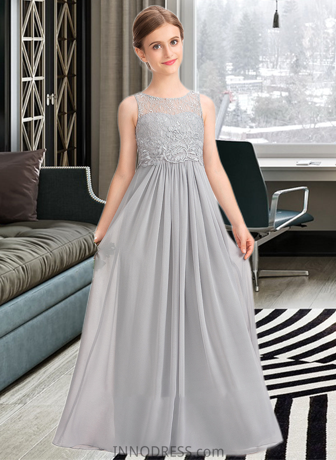 Julianne A-Line Scoop Neck Floor-Length Chiffon Lace Junior Bridesmaid Dress DPP0013333