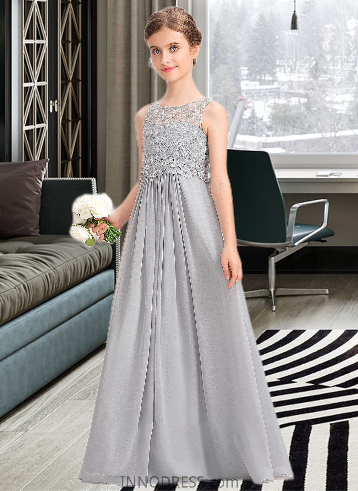 Julianne A-Line Scoop Neck Floor-Length Chiffon Lace Junior Bridesmaid Dress DPP0013333