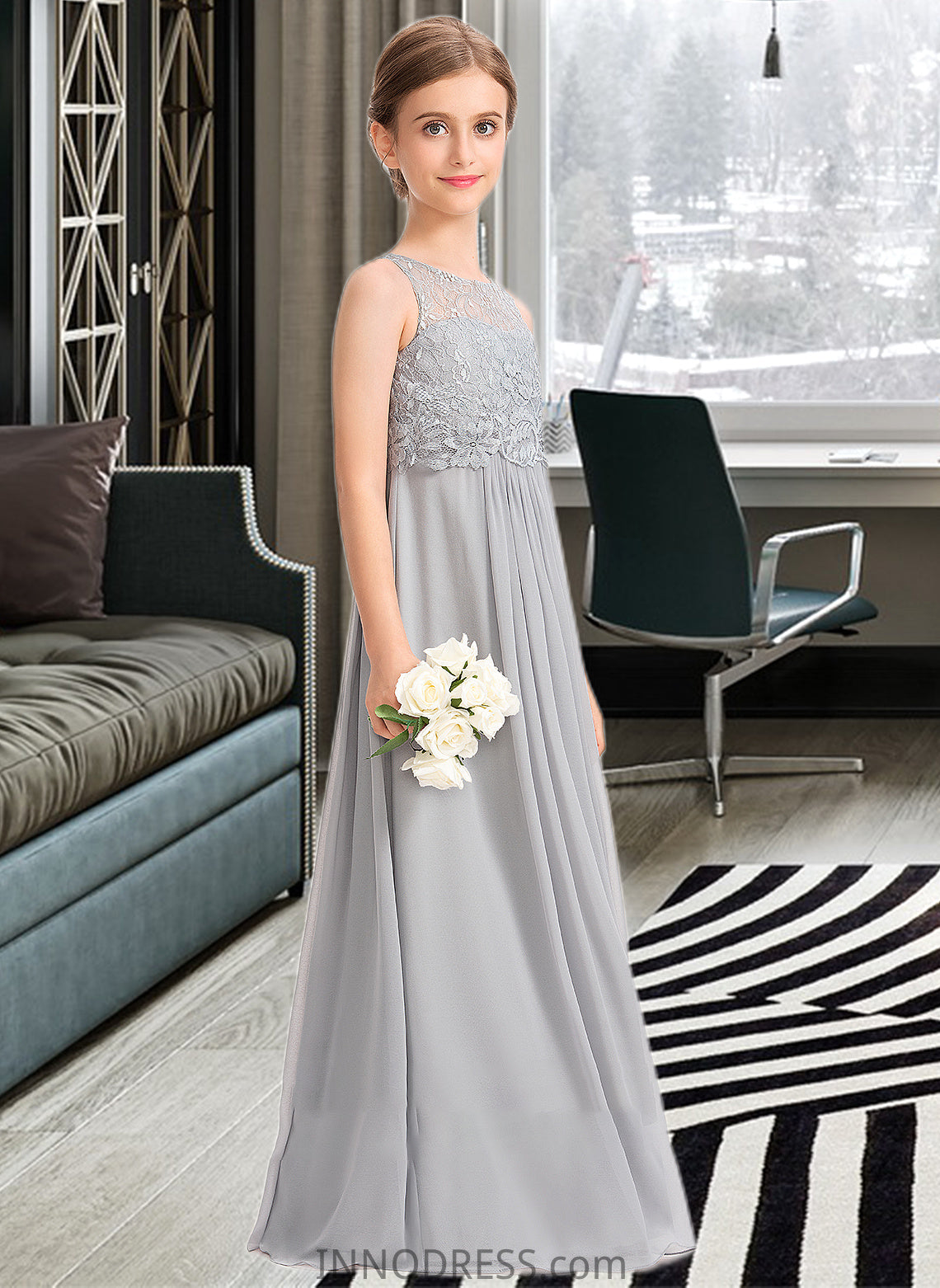 Julianne A-Line Scoop Neck Floor-Length Chiffon Lace Junior Bridesmaid Dress DPP0013333