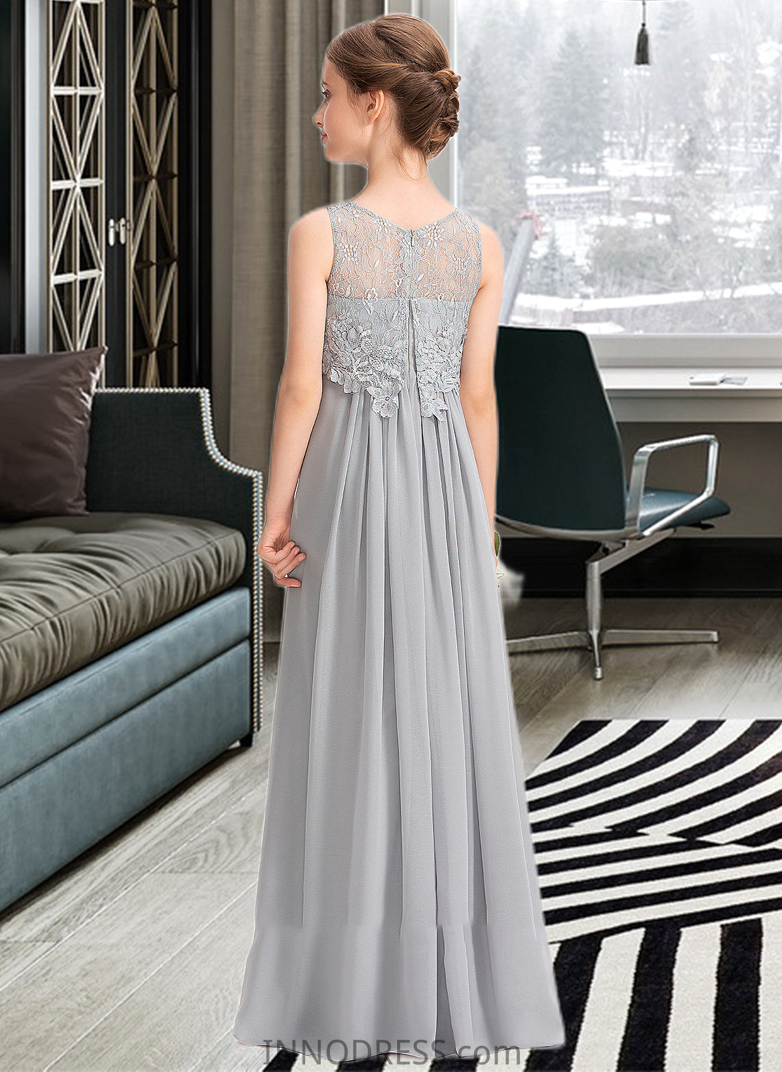 Julianne A-Line Scoop Neck Floor-Length Chiffon Lace Junior Bridesmaid Dress DPP0013333