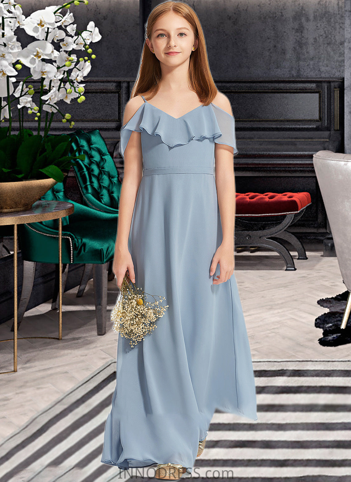 Monica A-Line Off-the-Shoulder Floor-Length Chiffon Junior Bridesmaid Dress With Ruffles DPP0013334