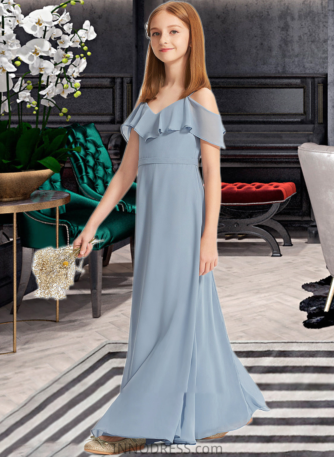 Monica A-Line Off-the-Shoulder Floor-Length Chiffon Junior Bridesmaid Dress With Ruffles DPP0013334