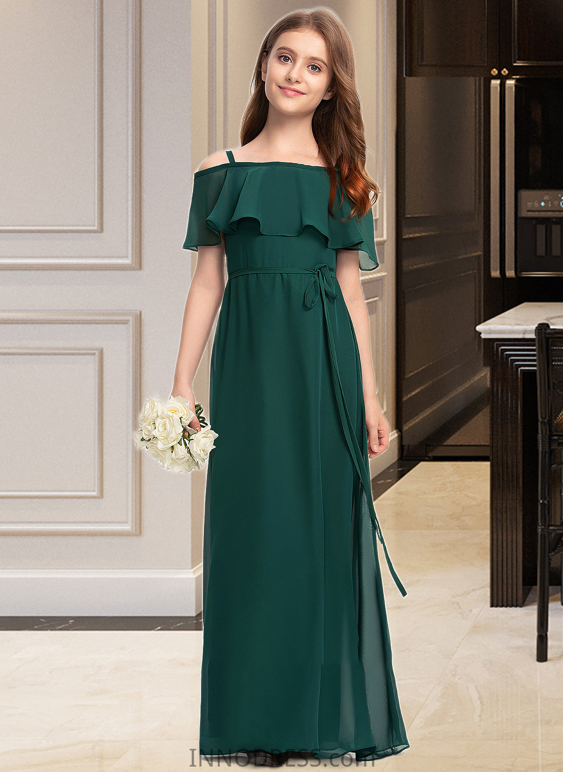 Juliette A-Line Off-the-Shoulder Floor-Length Chiffon Junior Bridesmaid Dress With Bow(s) DPP0013359