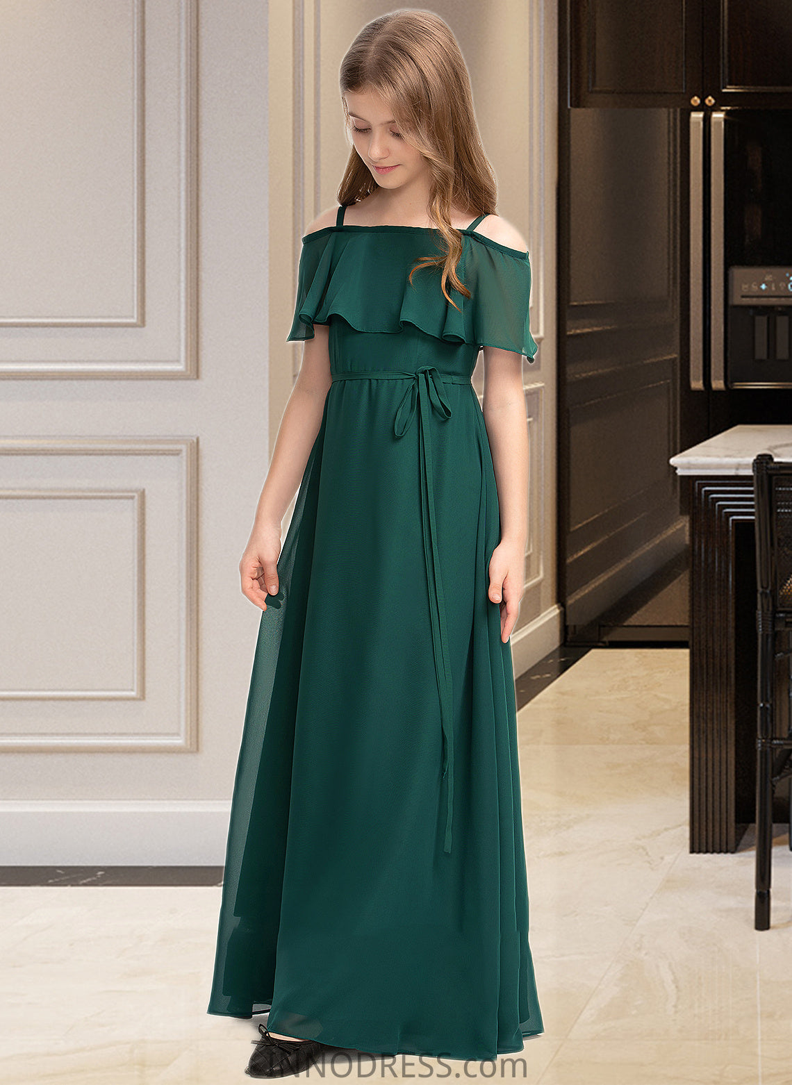 Juliette A-Line Off-the-Shoulder Floor-Length Chiffon Junior Bridesmaid Dress With Bow(s) DPP0013359