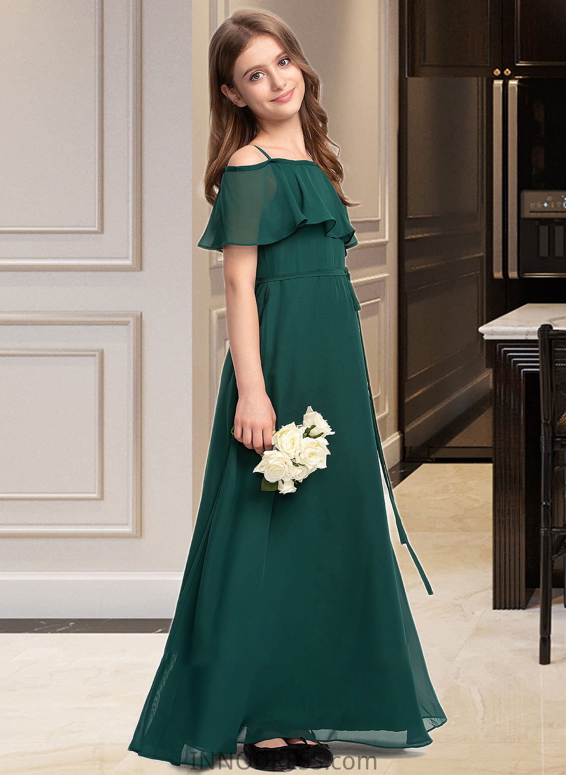 Juliette A-Line Off-the-Shoulder Floor-Length Chiffon Junior Bridesmaid Dress With Bow(s) DPP0013359