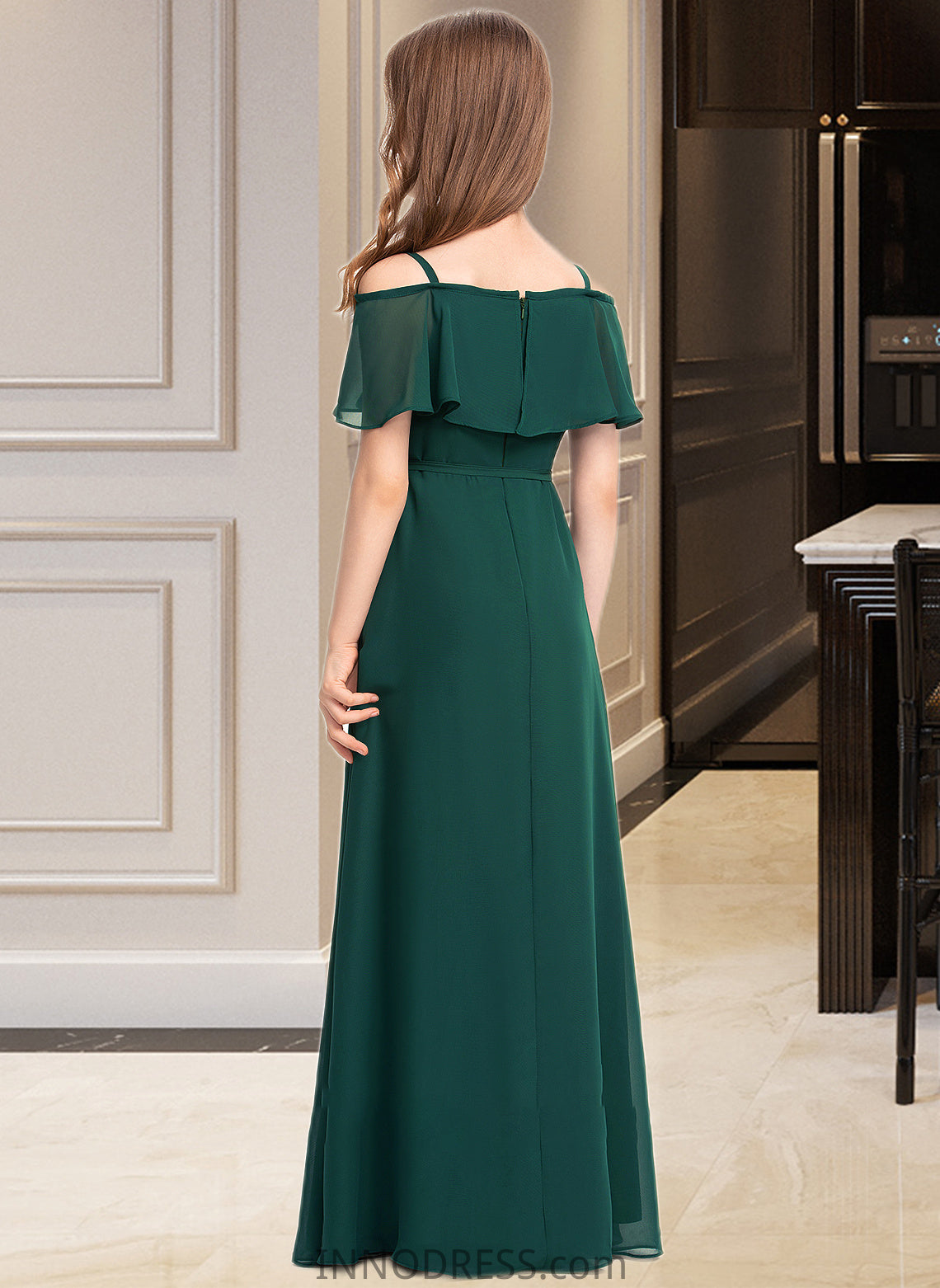 Juliette A-Line Off-the-Shoulder Floor-Length Chiffon Junior Bridesmaid Dress With Bow(s) DPP0013359