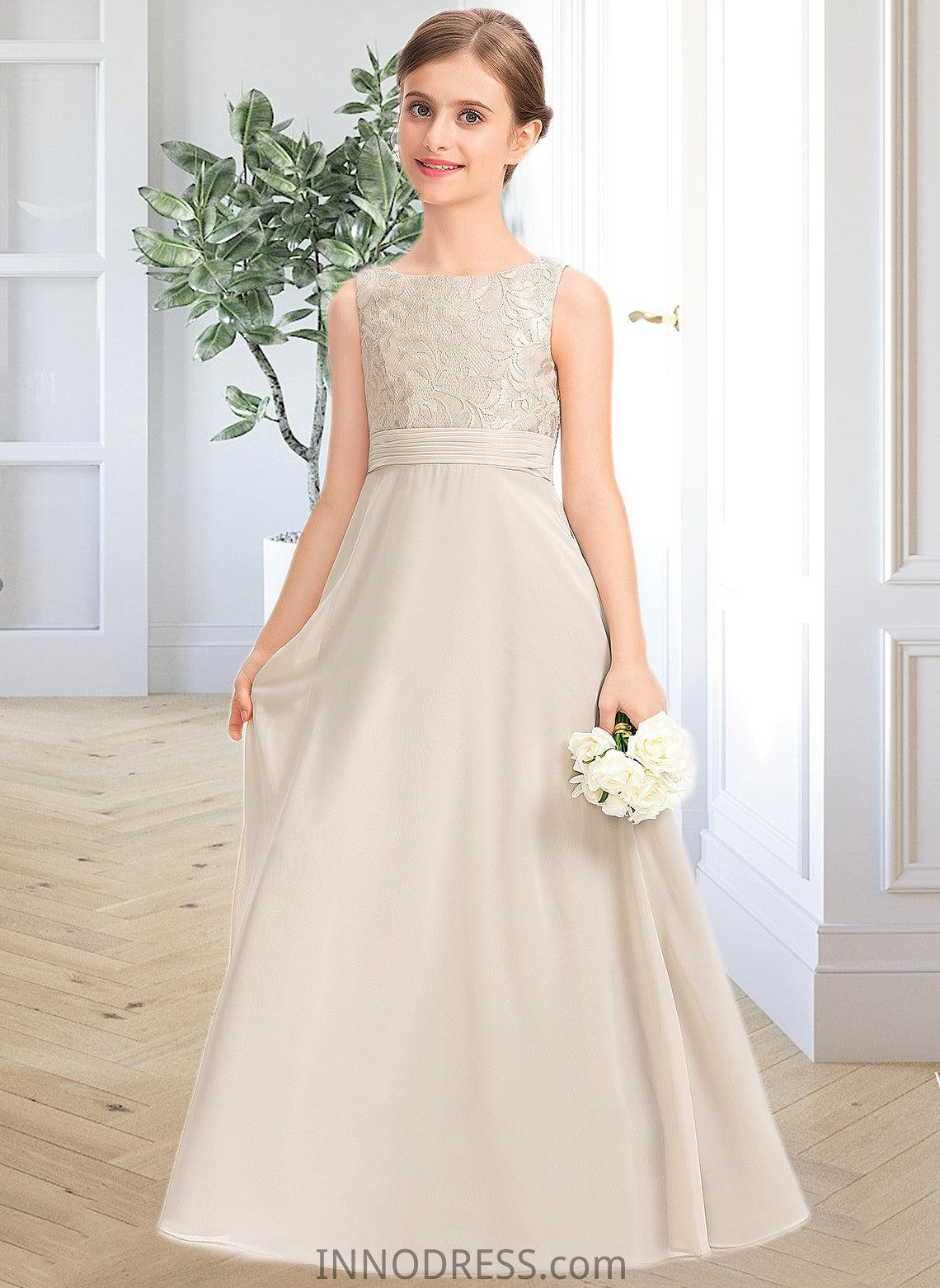 Aleah A-Line Scoop Neck Floor-Length Chiffon Lace Junior Bridesmaid Dress With Ruffle DPP0013360