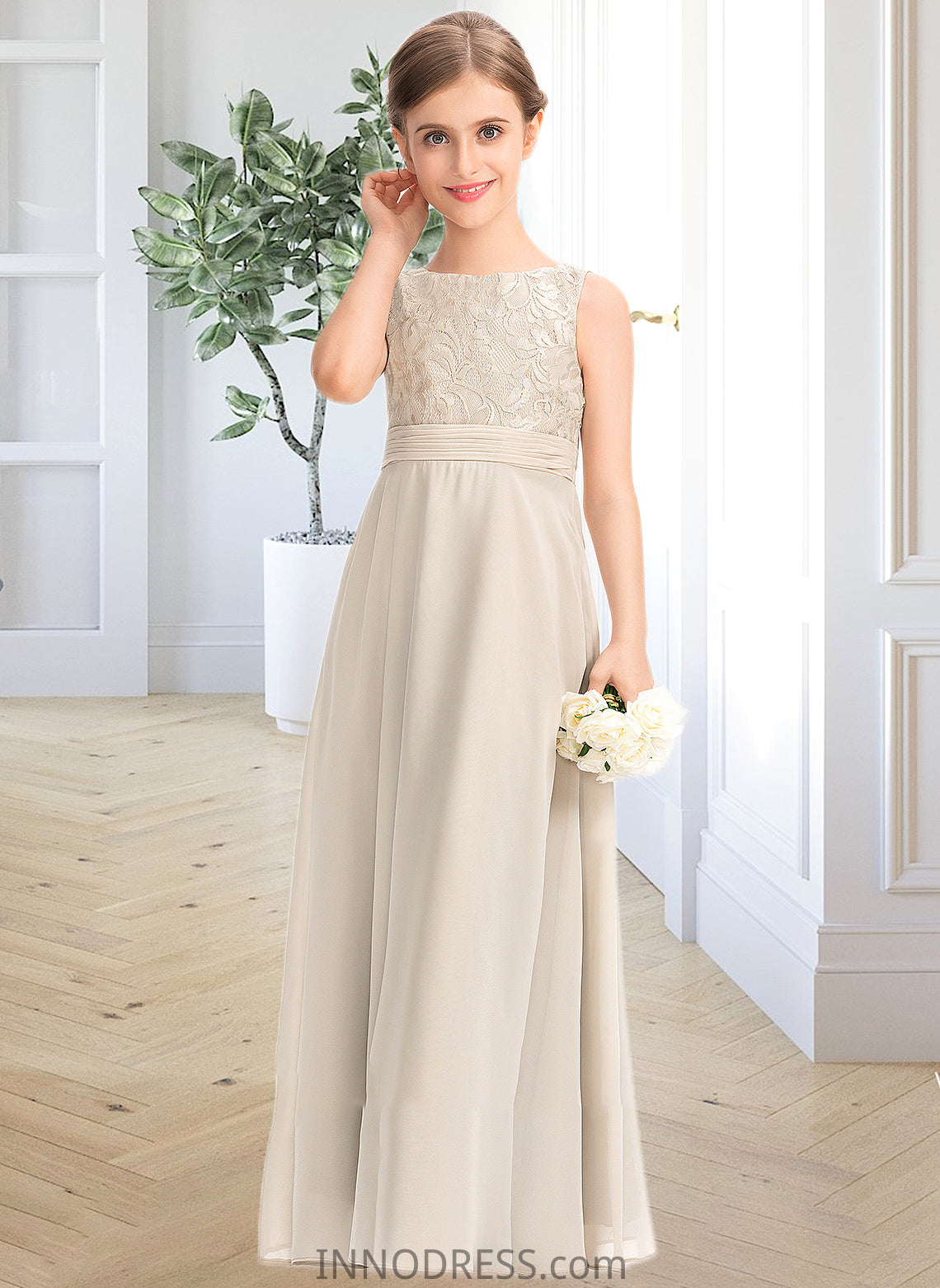 Aleah A-Line Scoop Neck Floor-Length Chiffon Lace Junior Bridesmaid Dress With Ruffle DPP0013360