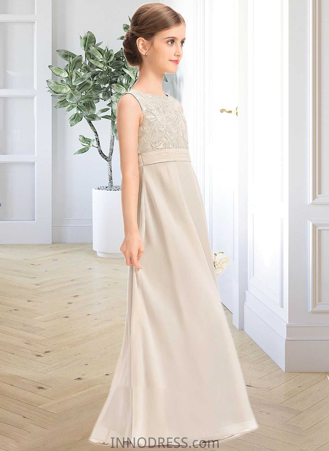 Aleah A-Line Scoop Neck Floor-Length Chiffon Lace Junior Bridesmaid Dress With Ruffle DPP0013360