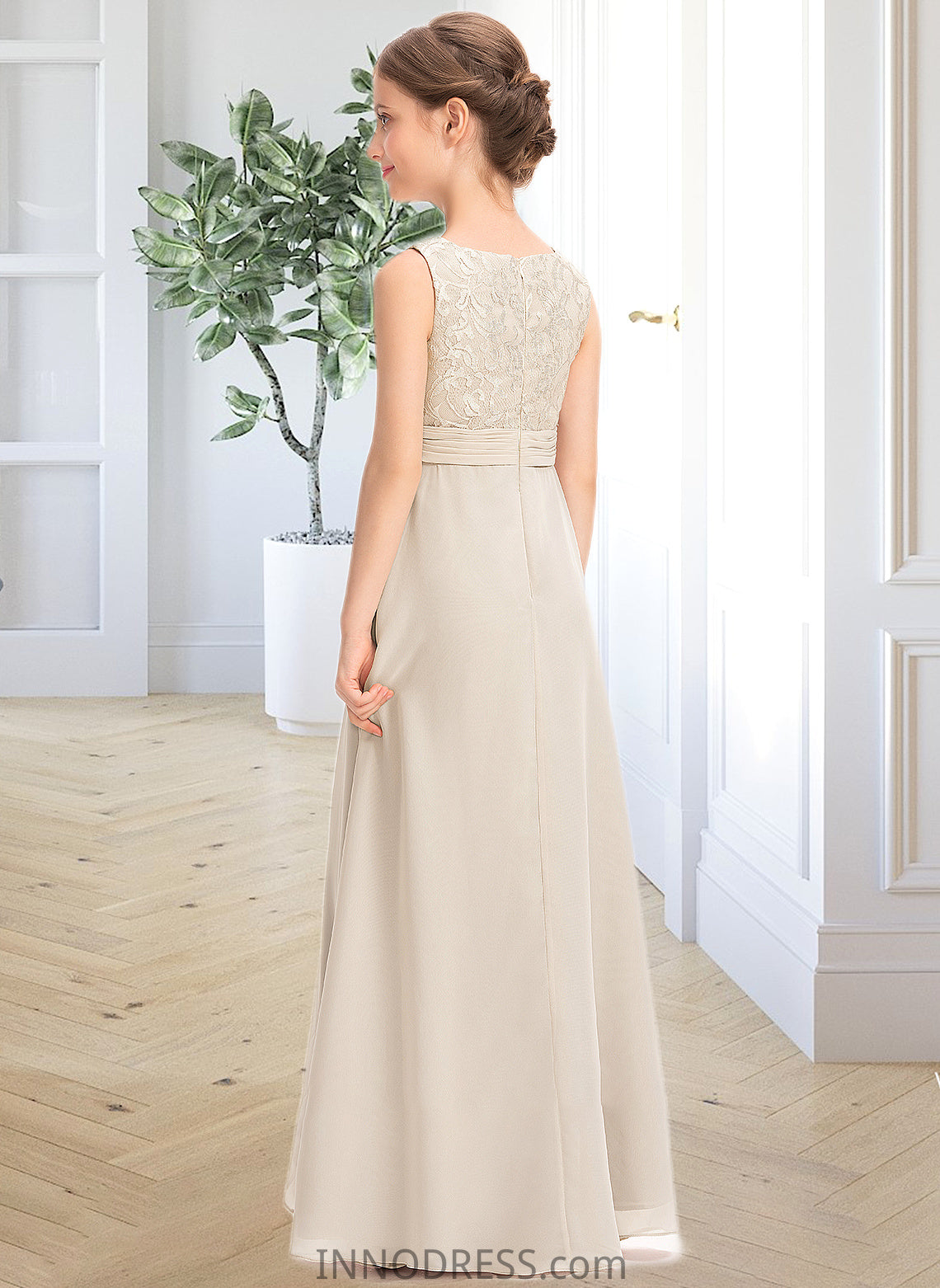 Aleah A-Line Scoop Neck Floor-Length Chiffon Lace Junior Bridesmaid Dress With Ruffle DPP0013360