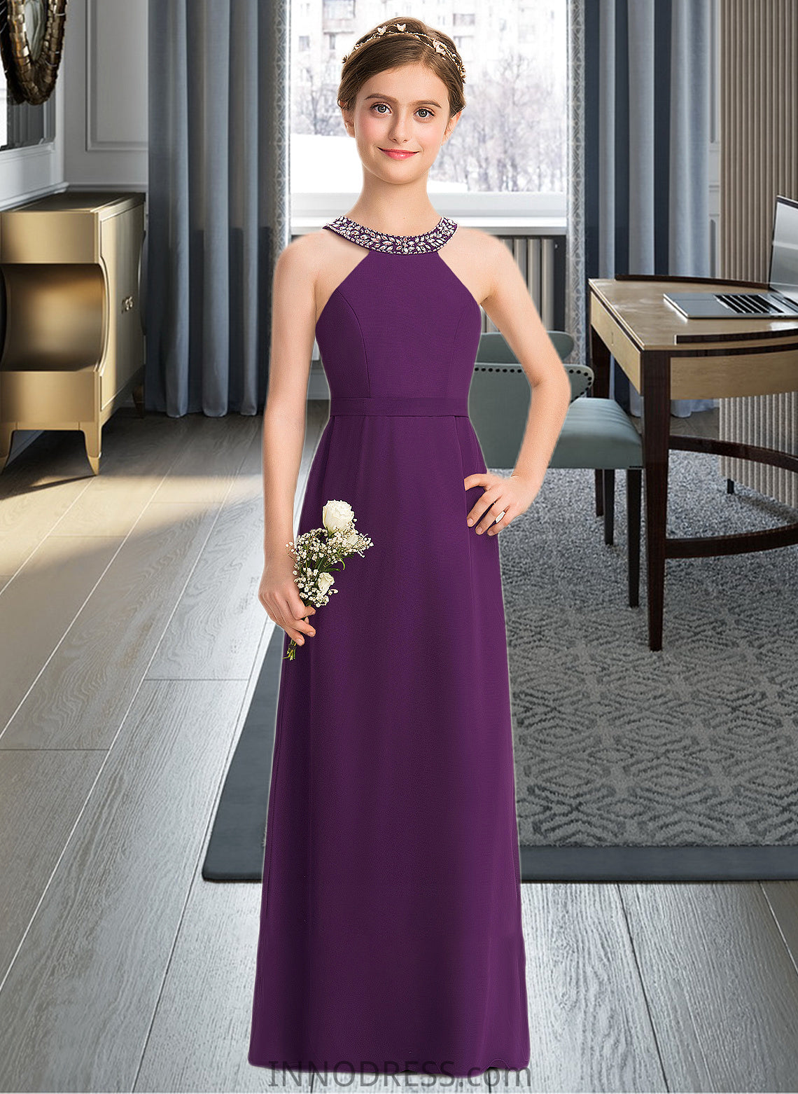 Diamond A-Line Scoop Neck Floor-Length Chiffon Junior Bridesmaid Dress With Beading Bow(s) DPP0013361